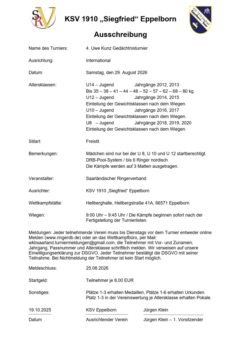 Ausschreibung 4. Uwe Kunz Gedächtnisturnier 29.08.2026